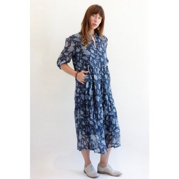 💕RAQUEL ALLEGRA💕 Peasant Tiered Dress ~100% Silk Navy Blue Print Medium - Picture 1 of 16
